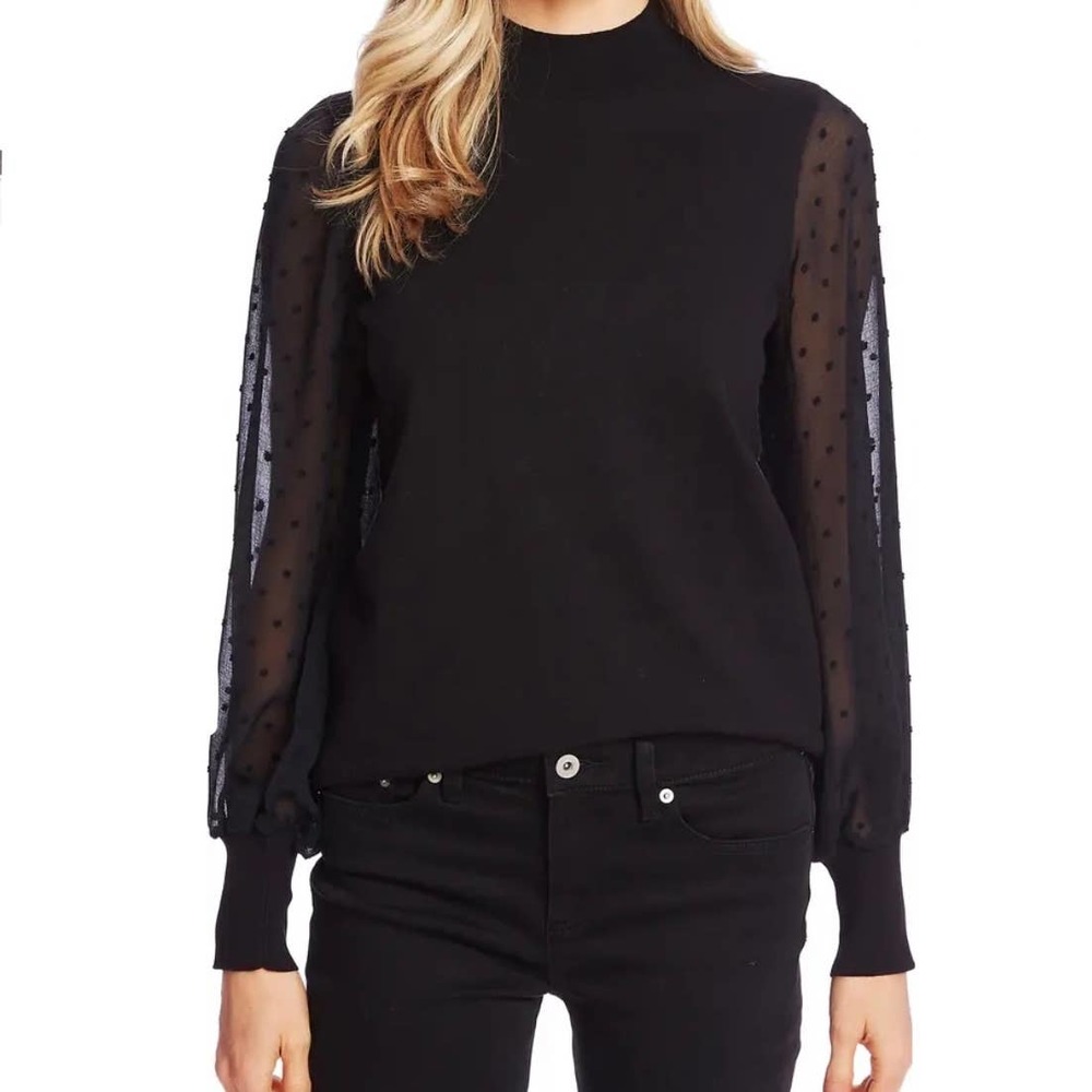 CeCe Clip Dot Sleeve Mock Neck Sweater Black Size Medium NWT